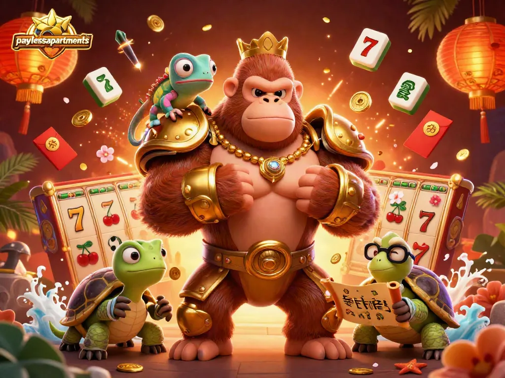 Experience the thrill of paylessapartments with a victorious gaming gorilla champion in a vibrant casino scene.